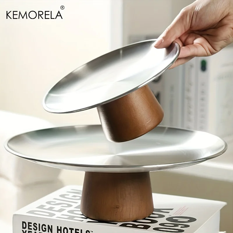 Stainless Steel Cake Tray Wooden Base Fruit Plate Wooden Serving Tray Cake Stand Cake Tray Korean Style Fruit Display Plate Dessert Plate Dining Table Home Decoration Ornaments