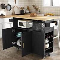 Hot sale!Rolling Mobile Kitchen Island Table With Storage Drop Leaf Countertop Power Socket Wheel Black Model 12 5