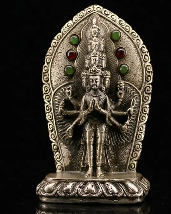 

4.72" Tibetan Buddhism copper silvering inlay gem Thousand-hand Kwan-yin statue