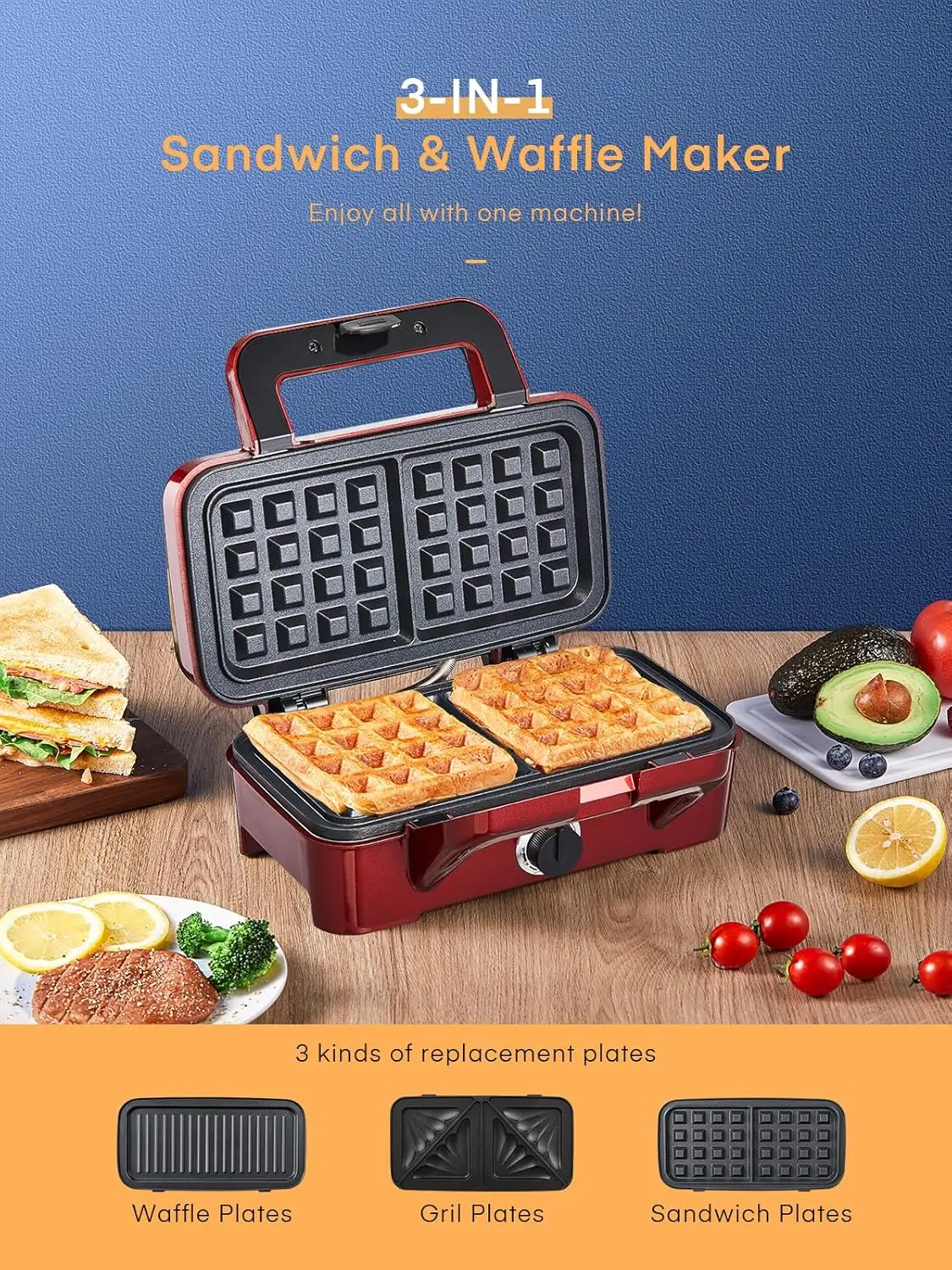 Sandwich Maker, 3 in 1 Waffle Maker with Removable Plates, 1200W Panini Press with Interchangeable Non-Stick Plates, Ind 4
