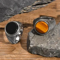 Vnox Dragon Scales Textured Signet Ring for Men,Round Tiger Eye Stone Top Finger Band,Black Gemstone Stainless Steel Stamp Ring