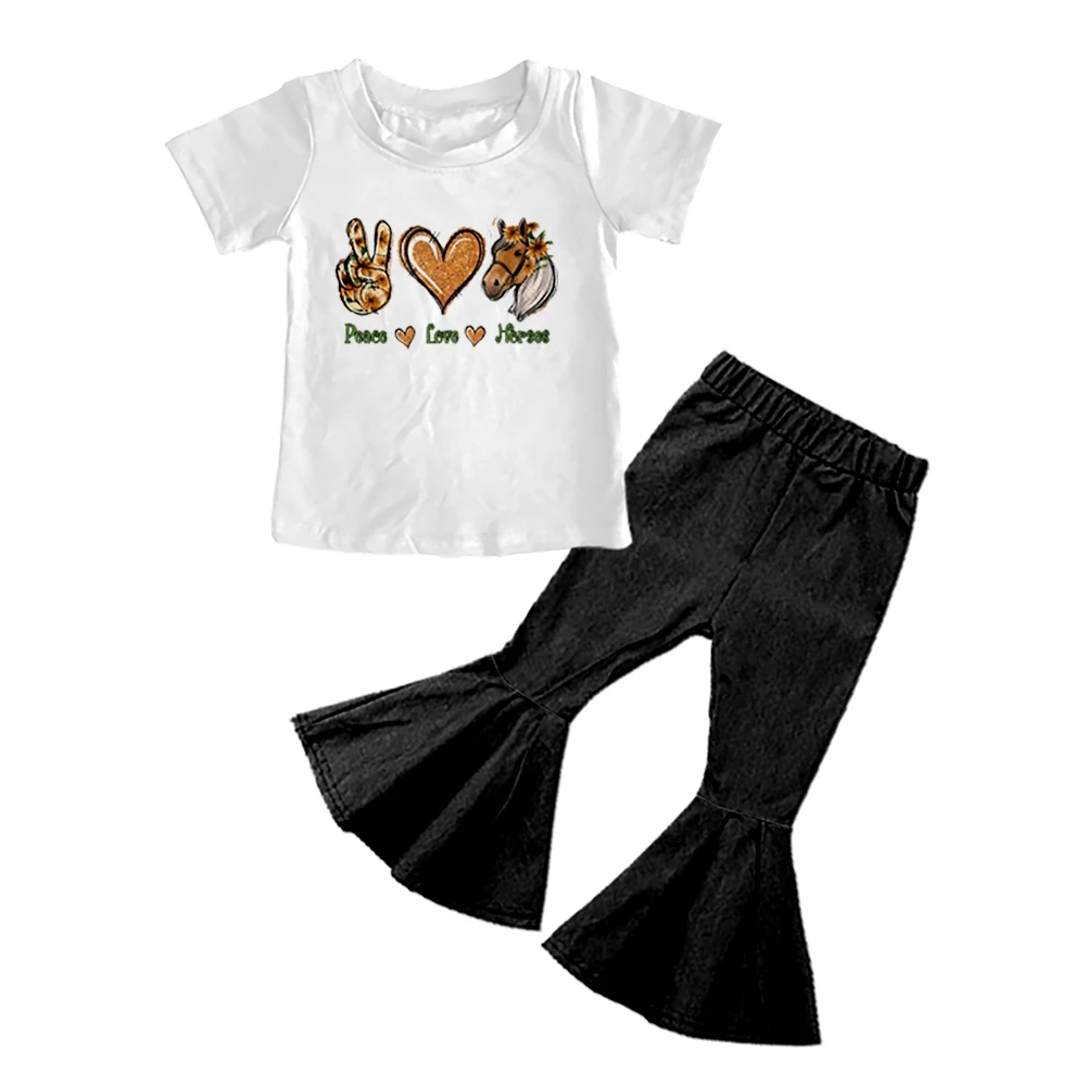 

Wholesale Children Clothing Girls Boutique Outfits Milk Silk Toddler Baby Girl Clothes Short Sleeve T-shirt Bell Bottoms Set New