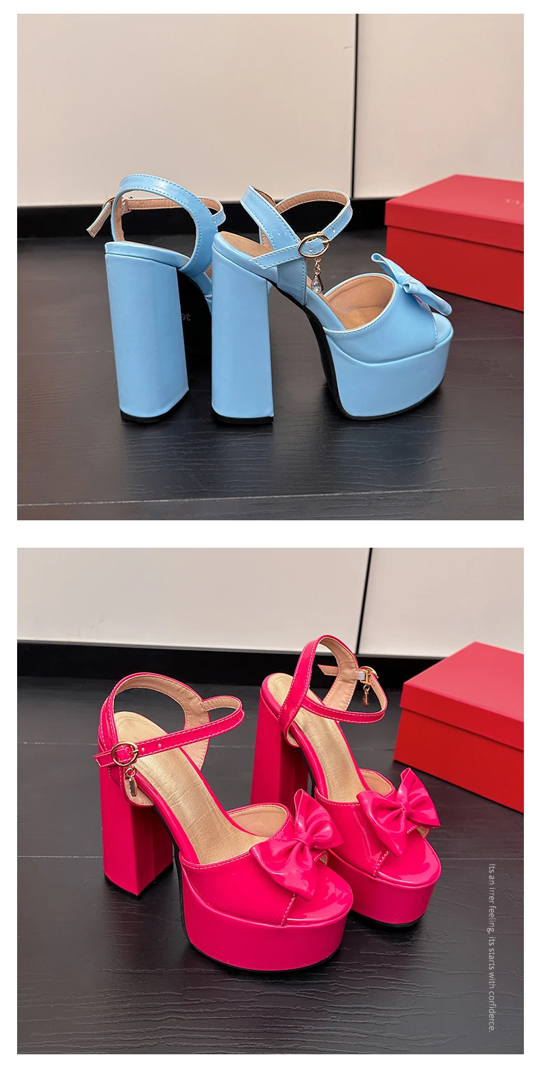 Bright Patent Leather Material, Cute Bow Tie Peep Toe Shoes Super High Thick Heels Hollowed Out Platform Sweet Women's Sandals