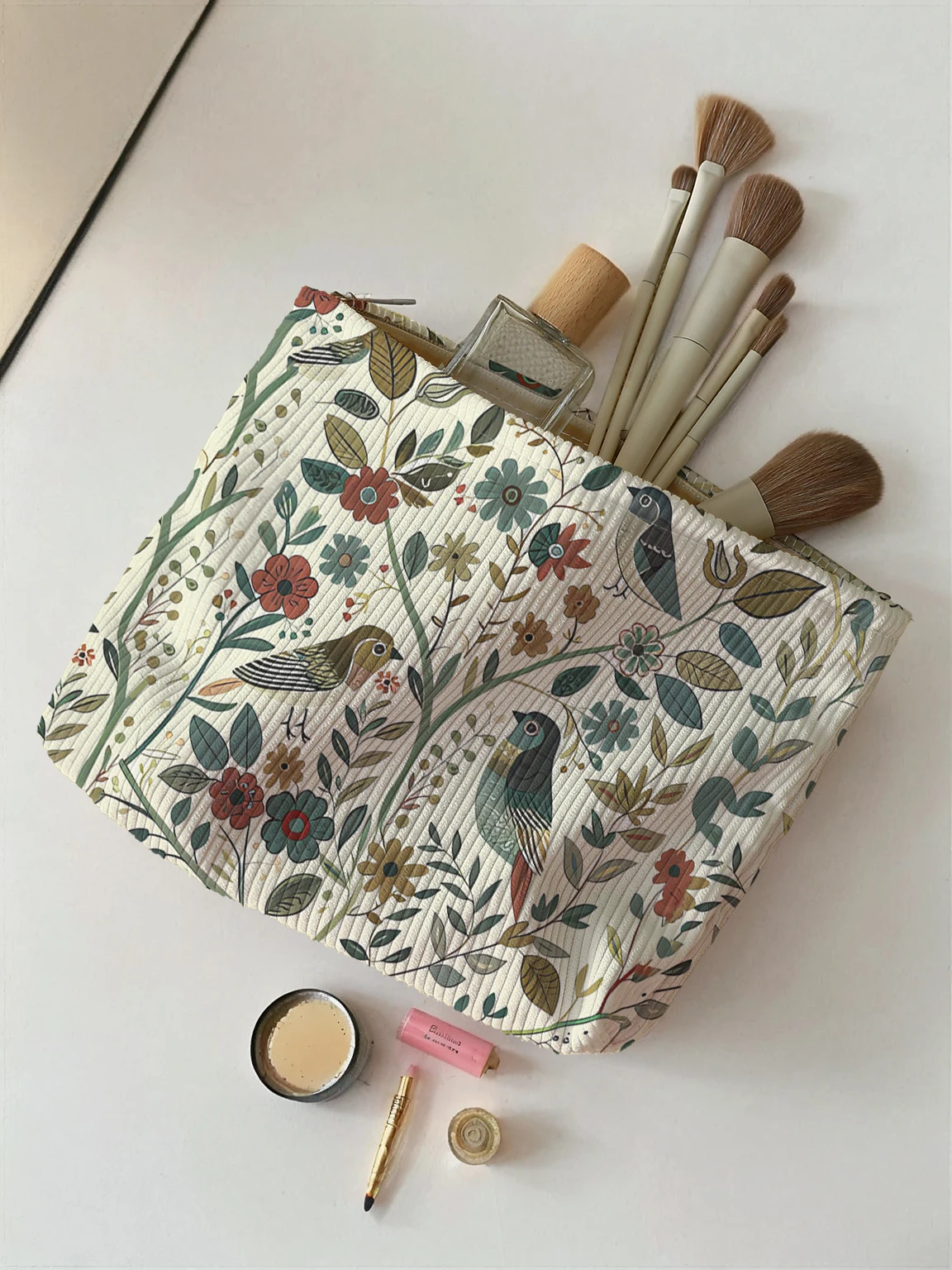 1pc，Branch bird pattern corduroy zipper makeup bag, lightweight and multifunctional cosmetic storage bag
