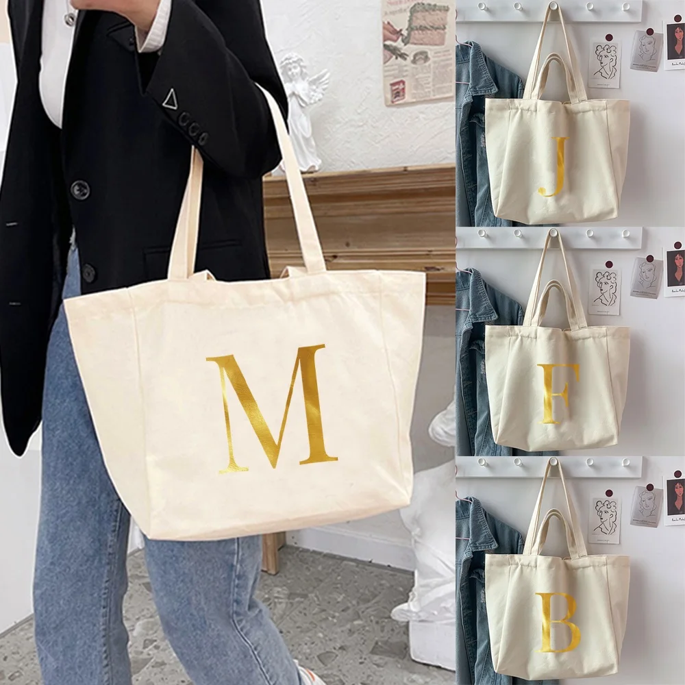 

Women Canvas Shoulder Bag 26 Letter Name Print Ladies Casual Handbag Tote Bag Reusable Large Capacity Shopping Beach Bag