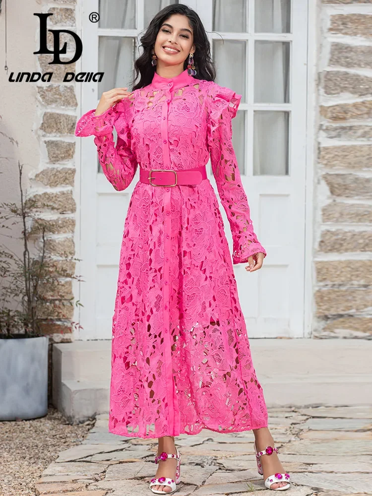 

LD LINDA DELLA Fashion Runway Spring Dress Women's Flare Sleeve Hollow out Single-breasted Belted Vacation Long Pink Dresses