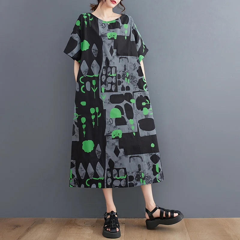 

#6711 Black White Printed T Shirt Dress Women Short Sleeve Loose Vintage Midi Dress Female Pockets O-neck Retro Dress Femme Thin