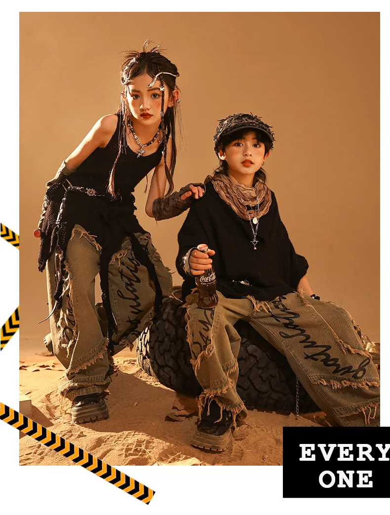 Girls Wasteland Street Dance Knitted Tank Top Jeans Boys Hip Hop Hoodies Clothes Sets Kids Jazz Costume Children Punk Streetwear S9bdba9980c364937a2560bbddd85527em