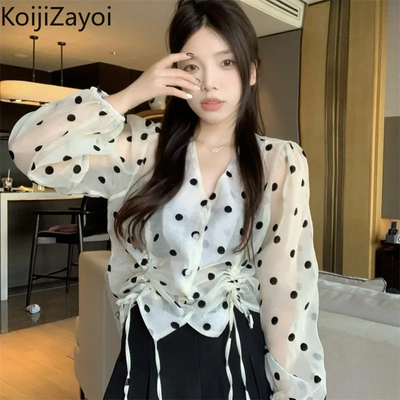 

Koijizayoi Vintage Women Polka Dot Blouse Thin Lady Drawstring Cropped Slim Shirt Summer Fall 2022 Women Clothes Korean Blusas