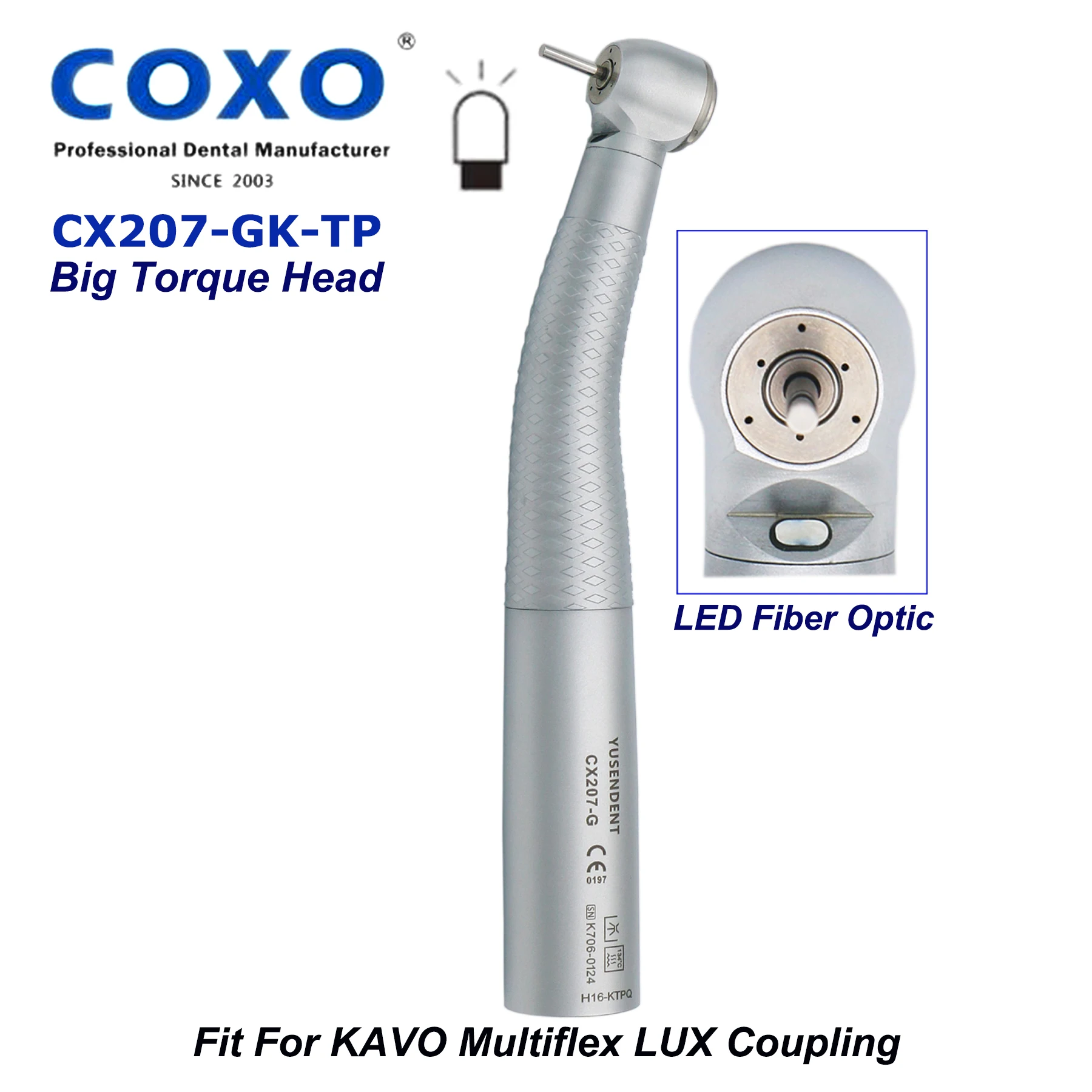 

COXO YUSENDENT Dental Fiber Optic LED High Speed Air Turbine Handpiece Big Torque Head Fit KaVo Multiflex LUX Coupling 6Pin