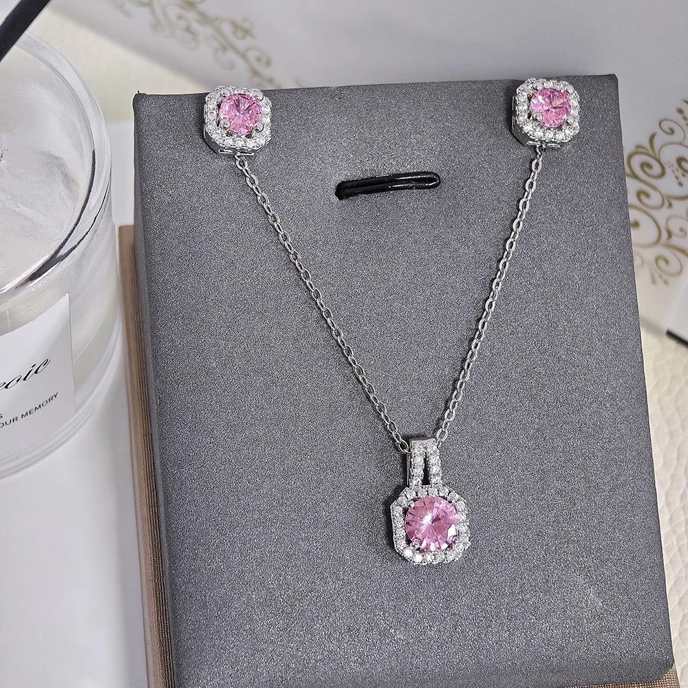2024 New Trendy pink Color Earrings and Necklace Pendant Set for Women Anniversary Gift Jewelry Wholesale x1104-e1104 5