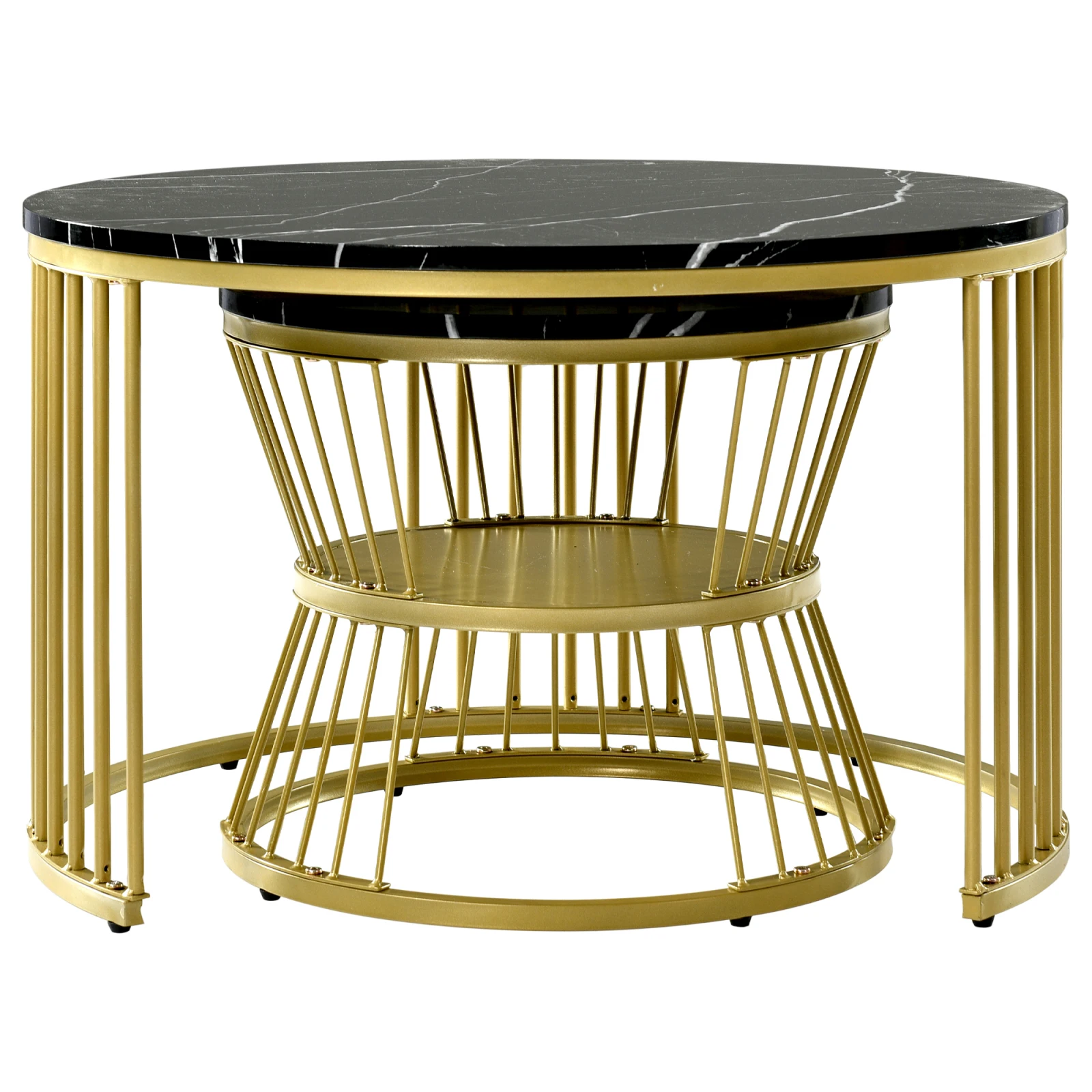 Superaly Runder Couchtisch, 2er-Set, Sofatisch, Metallgestell, Marmorfurnier, Satztisch mit offenem Regal, Schwarz – Detail 10