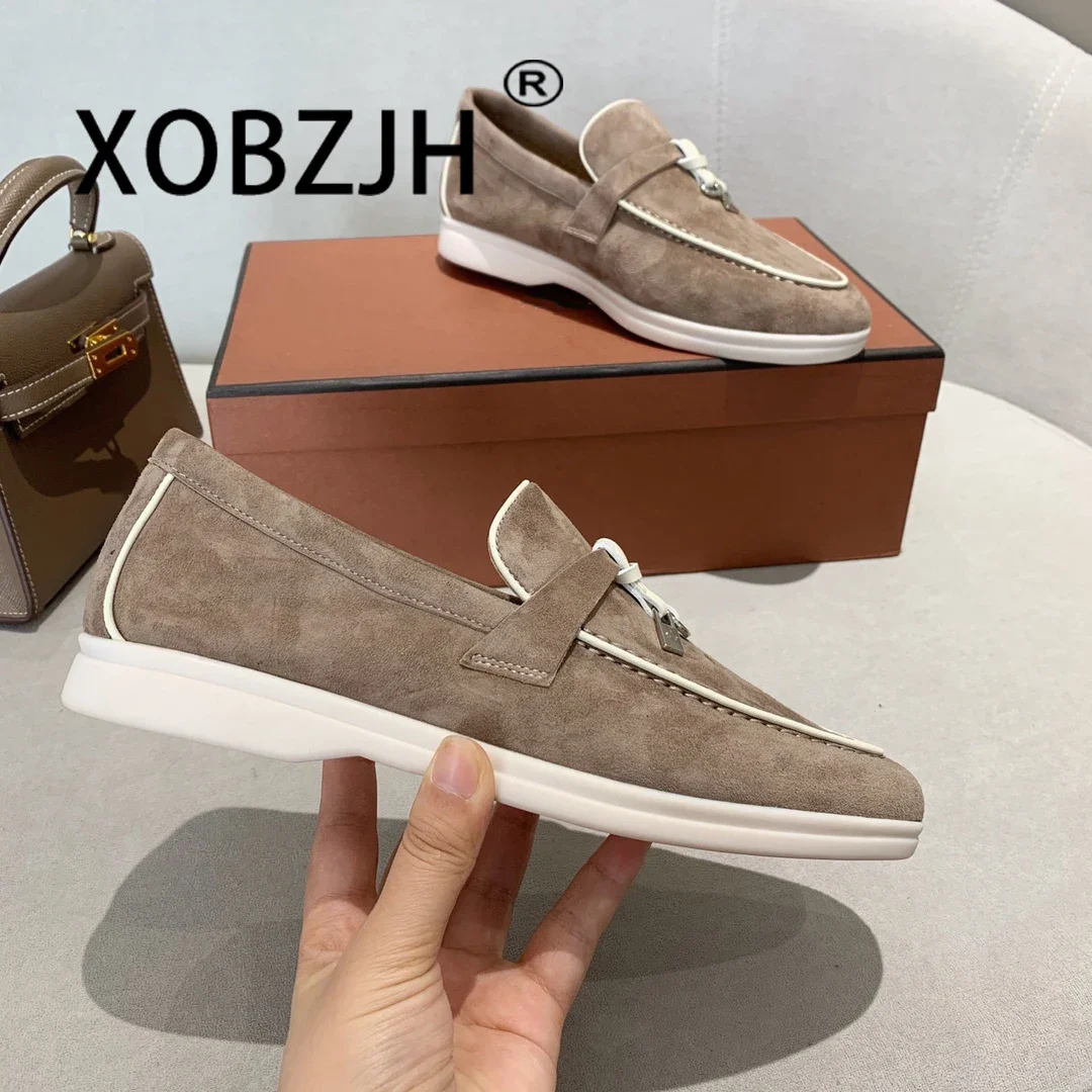 Leather Shoes Moccasines Loafers Summer Walk Shoes Suede Women Spring Autumn Fashion Causal Leather Metal Pendant Flat Shoes Lazy SlipOn Mules