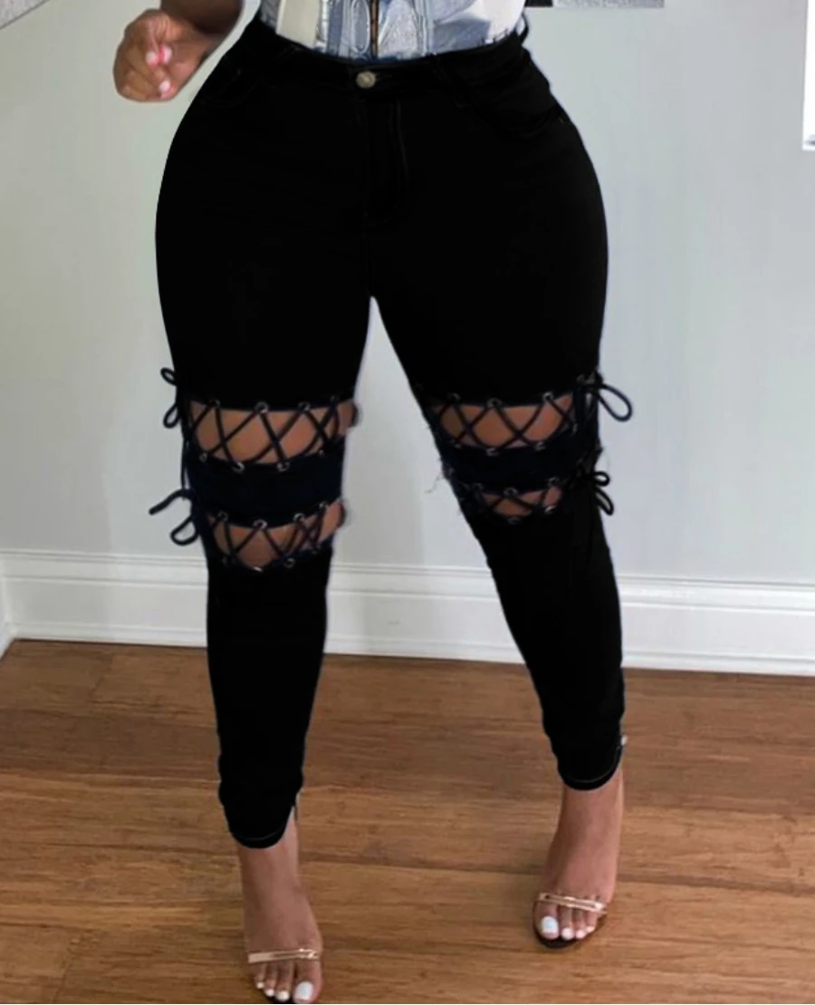 Black Strappy Pencil Pants Sexy Hollow Stretch Denim Trousers Ladies Jeans Women's Clothing