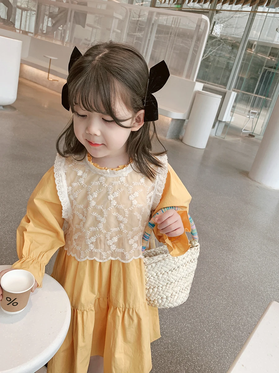 Dress Full Sleeve Knee Length Pullover A-line Solid Regular Cotton New Fashion Simple Sweet Spring Autumn Children Girls