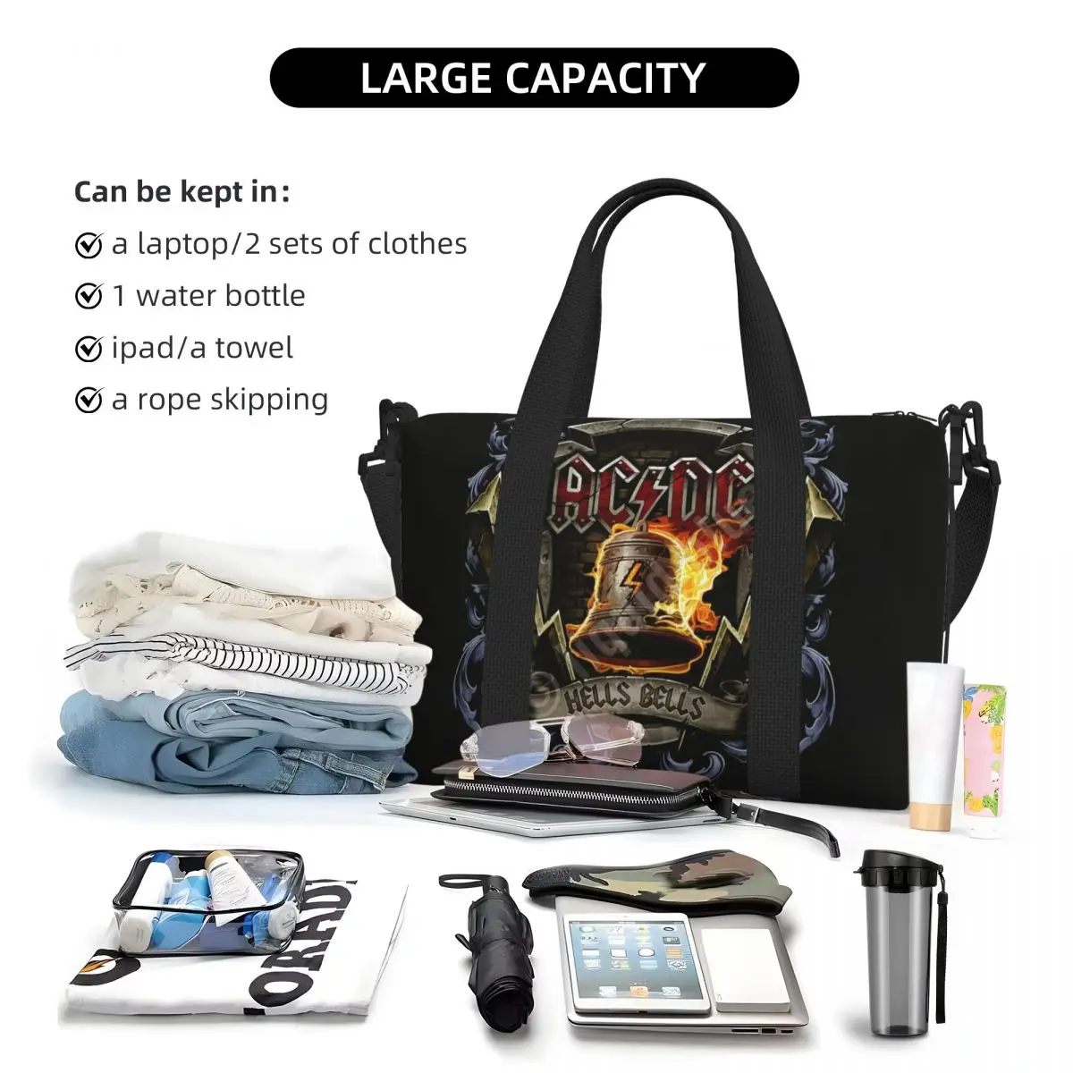 AC DC Rock Roll Band Tote Bag Women Large Capacity Australian Band Star Beach Gym Shoulder Travel Bag
