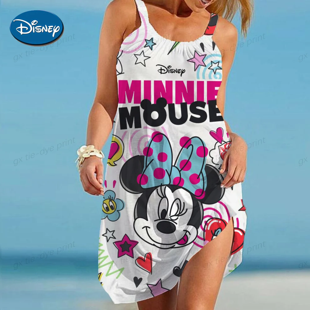 

Summer Sexy Short Dress Women Casual Disney Mickey Mouse Print Backless Beach Sundress Fashion O Neck Ruffle A-line Dresses