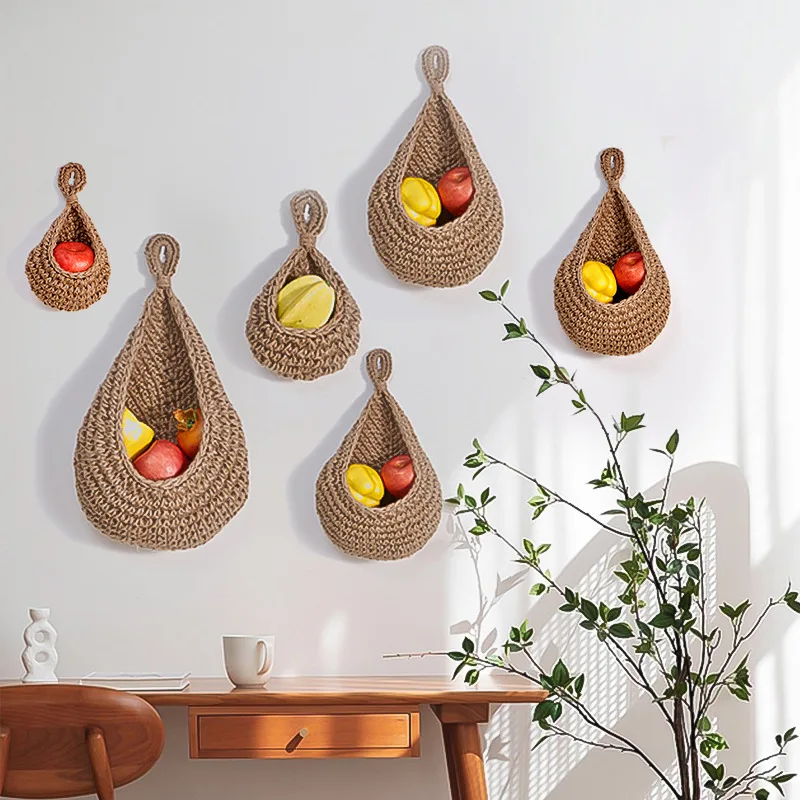 

Wall-Mounted Hand-Woven Twine Vegetable And Fruit Baskets Bird'S Nest Mesh Pocket Decorative Pendant Hanging Storage Baskets