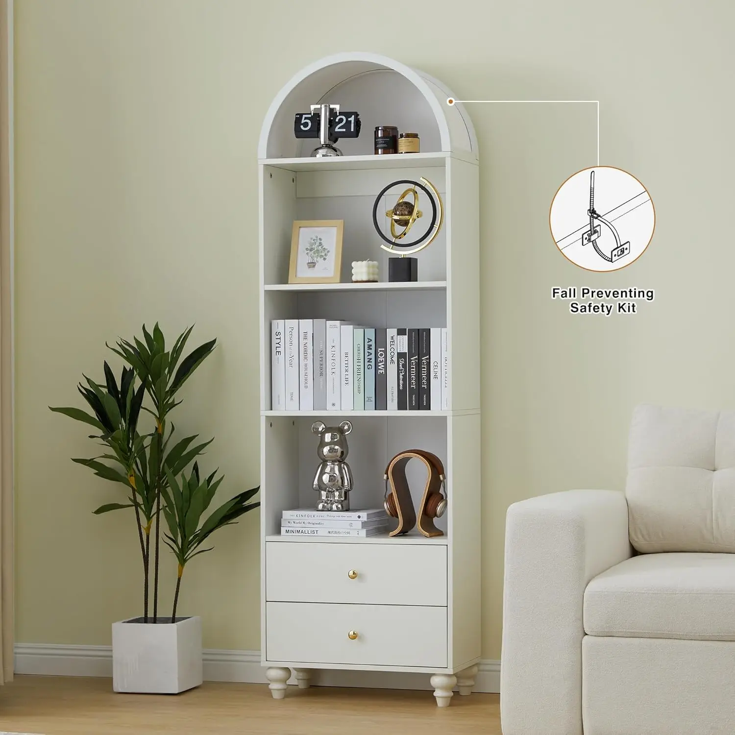 75.59" Tall Bookcase, 4 Tier Arched Bookshelf with 2 Drawers, Modern Book Display Storage Cabinet for Living Room, Bedroom 5