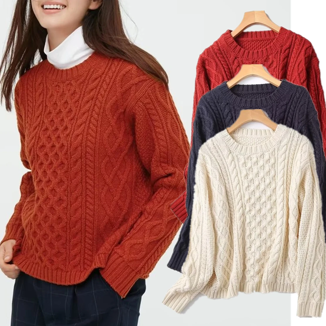

Withered Japanese Simple Sweaters Women Vintage Pullovers Jacquard Solid Round Neck Tops