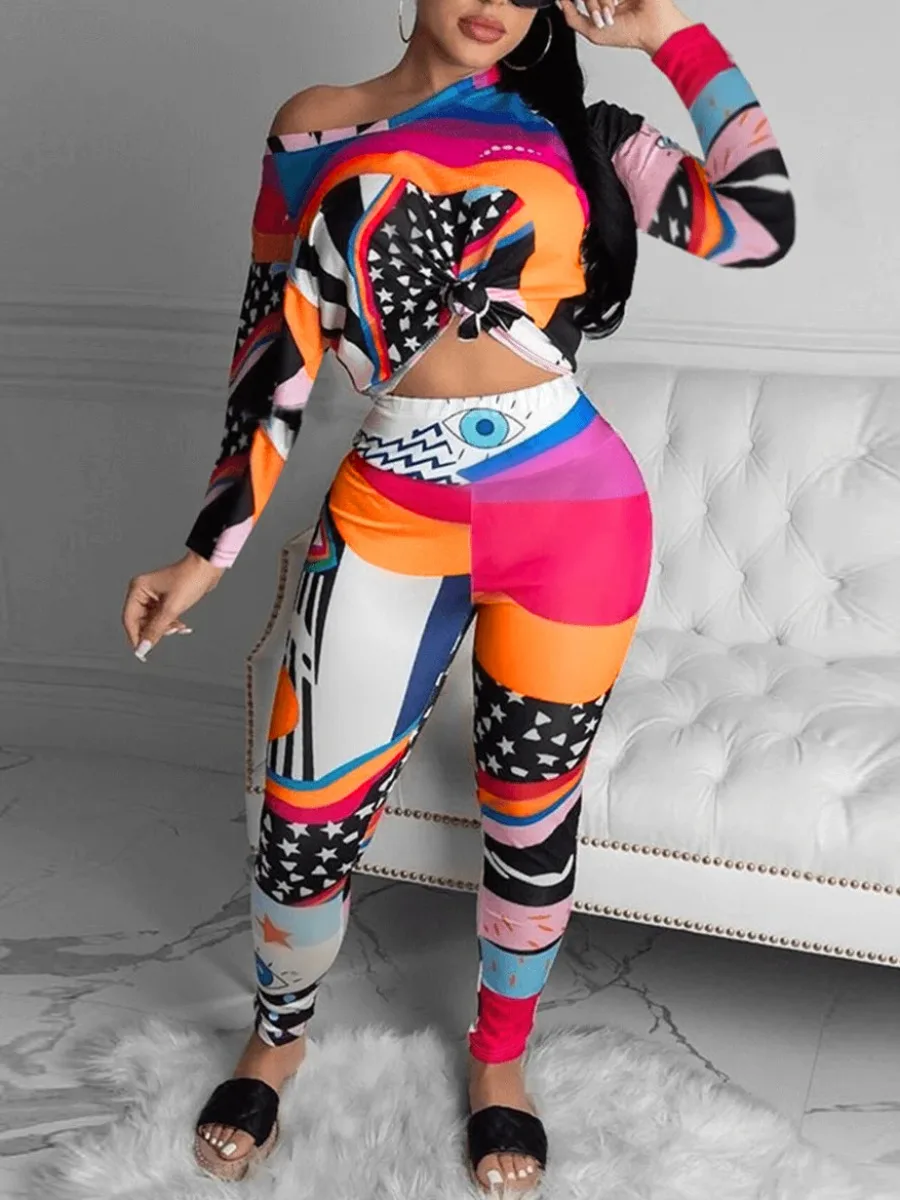 

LW Plus Size Two pieces set Mixed Print Pants Set Causal women's suit long sleeve +skinny pants women matching Fitness sport set