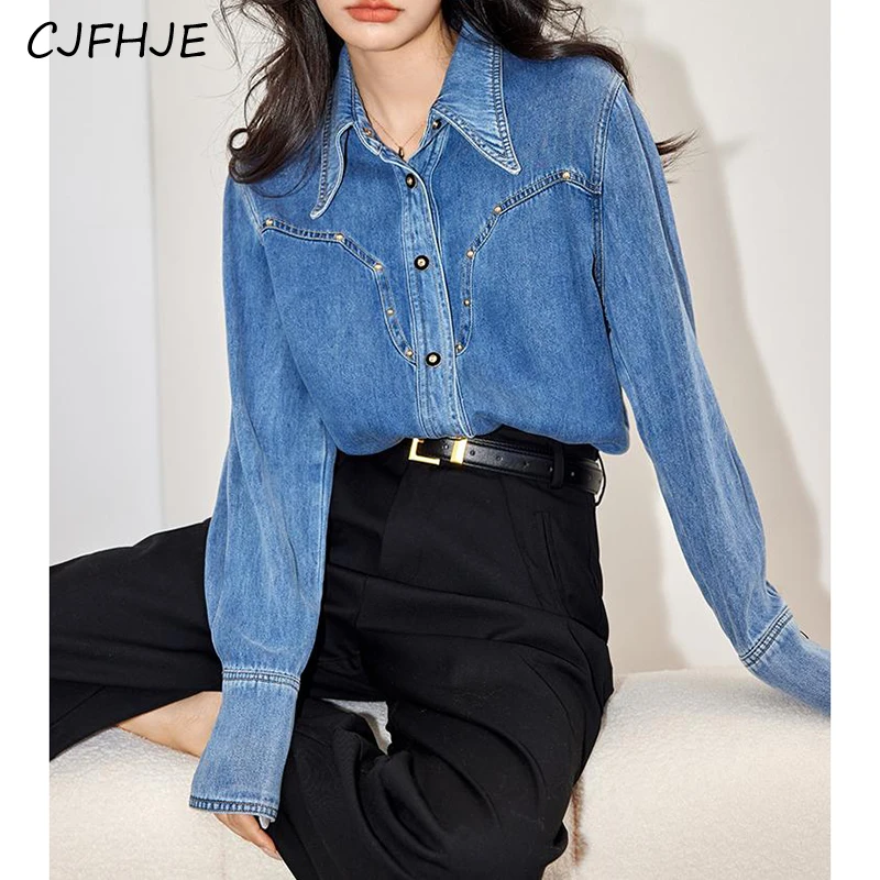 

CJFHJE Spring New Retro Hong Kong Style Women's Denim Shirt Versatile Fashion Loose Fitting Women Long Sleeved Shirt Jacket