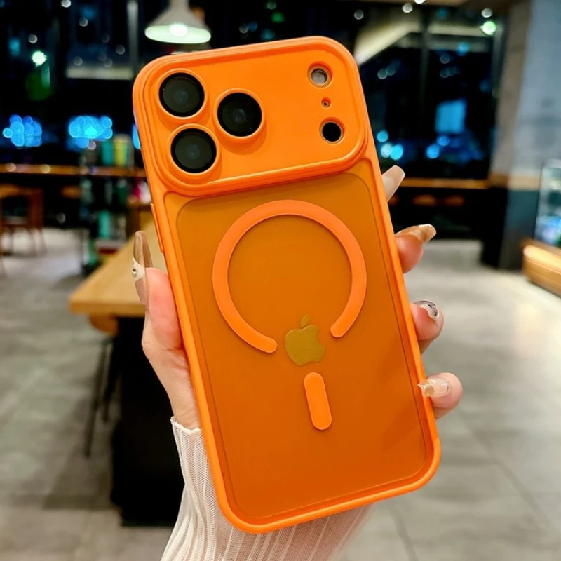 Orange Magnetic Translucent Matte Phone Case with Camera Glass Protector and Magsafe Compatibility