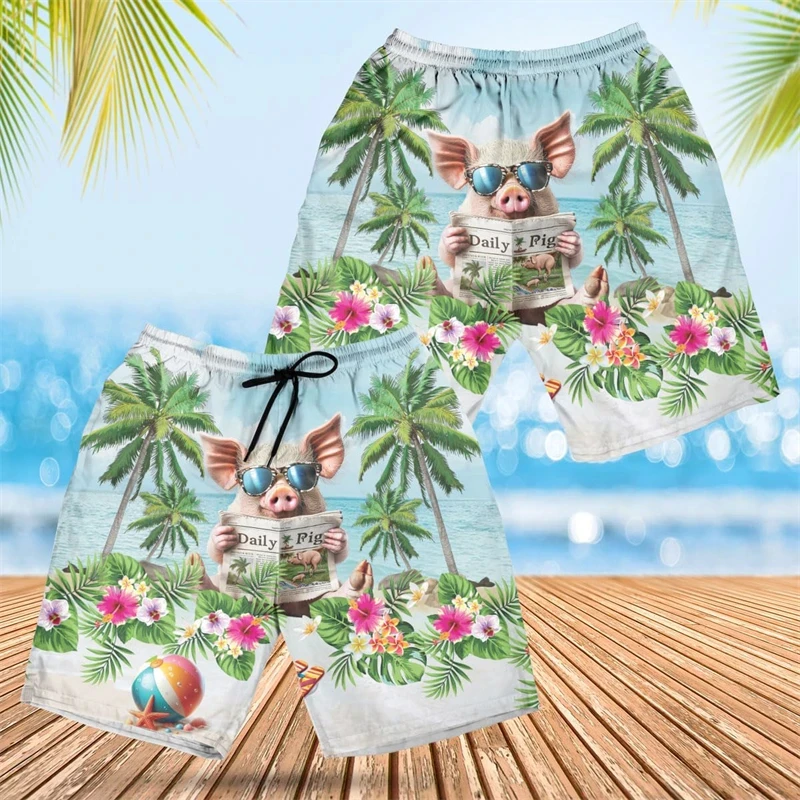 Kawaii Cartoon Pig Graphic Short Pants For Men Clothing Funny Design Beach Shorts Hawaiian Swim Trunks Women Aloha Trousers 2024 4