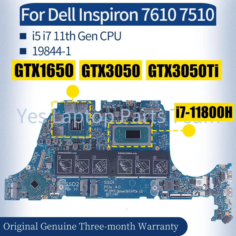 

For Dell Inspiron 7610 7510 Laptop Mainboard 19844-1 0J0MWF 0TW2DN 1VFRT8 i5 i7 11th Gen GTX1070 Notebook Motherboard