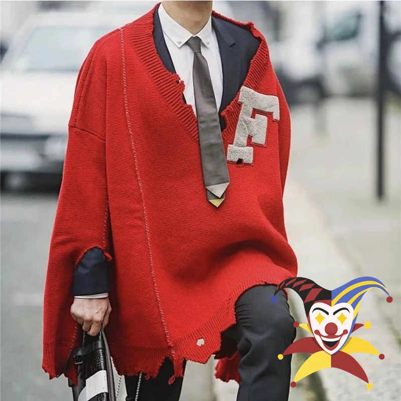 

RAF SIMONS Vintage Badge Damaged Irregular Loose Red Sweater Knit Men Women Casual Sweatshirts