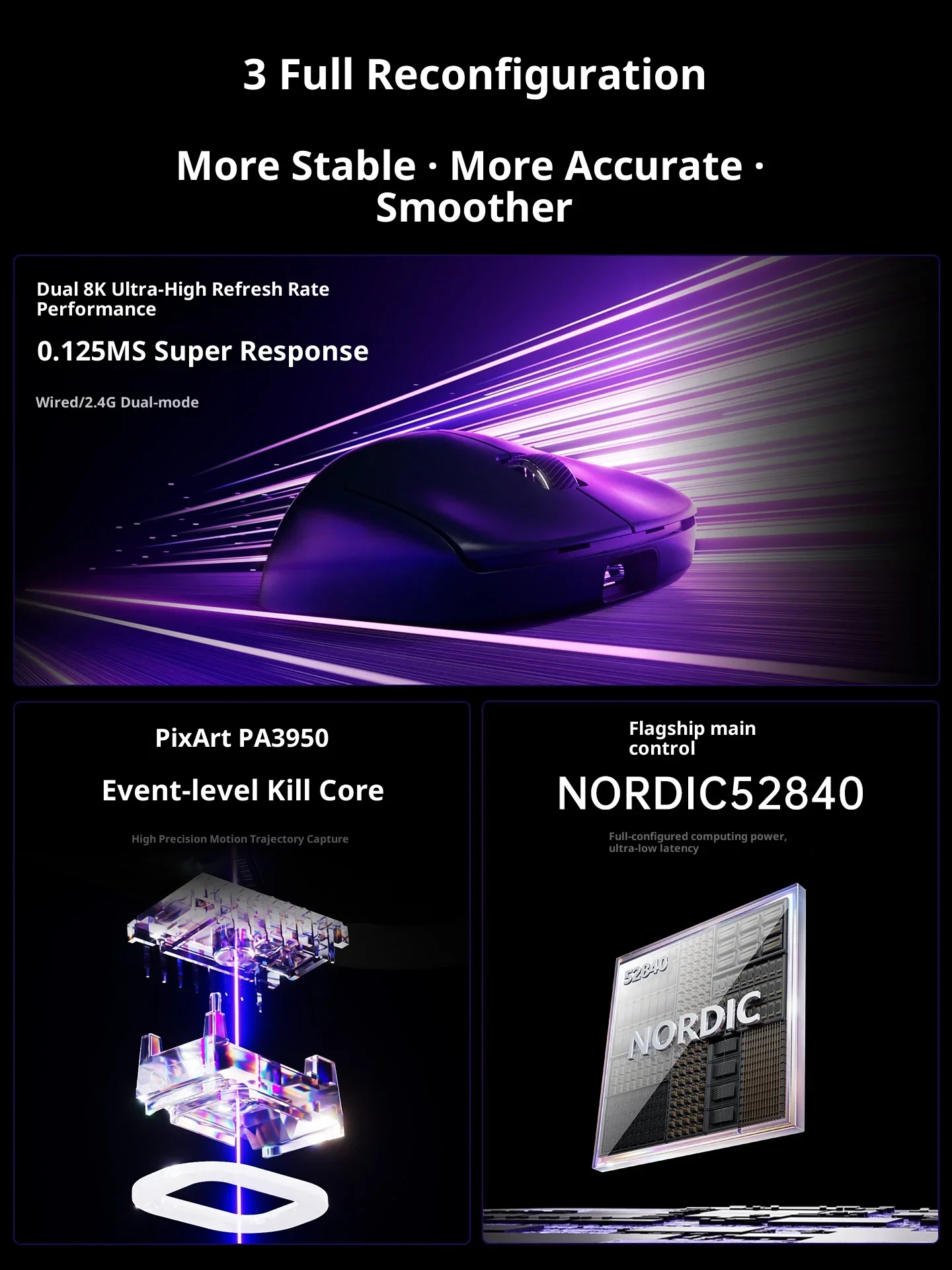 XIBERI EX 듀얼 8K FPS e스포츠 마우스 2.4G 듀얼 모드 게이밍 마우스 PAW3950 0.125ms 45g 경량 마우스 PC 게이머 선물용