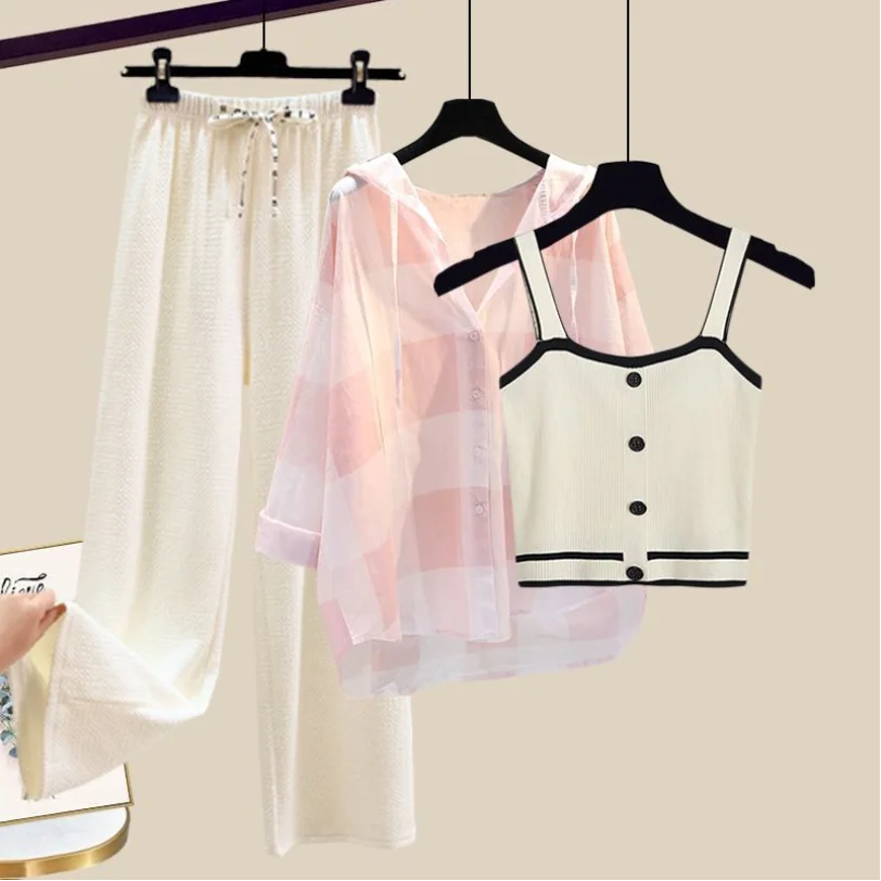 Large Women's Summer Set Women's 2023 New Sunscreen Shirt Women's Slim Slim Slim Strap Tank Top Wide Leg Pants Three Piece Set