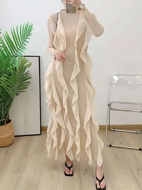 LANMREM Maxi Ruffles Pleated Dress For Women Round Neck Long Sleeves High Waist Dresses Fashion Party New Clothing 2AA1158