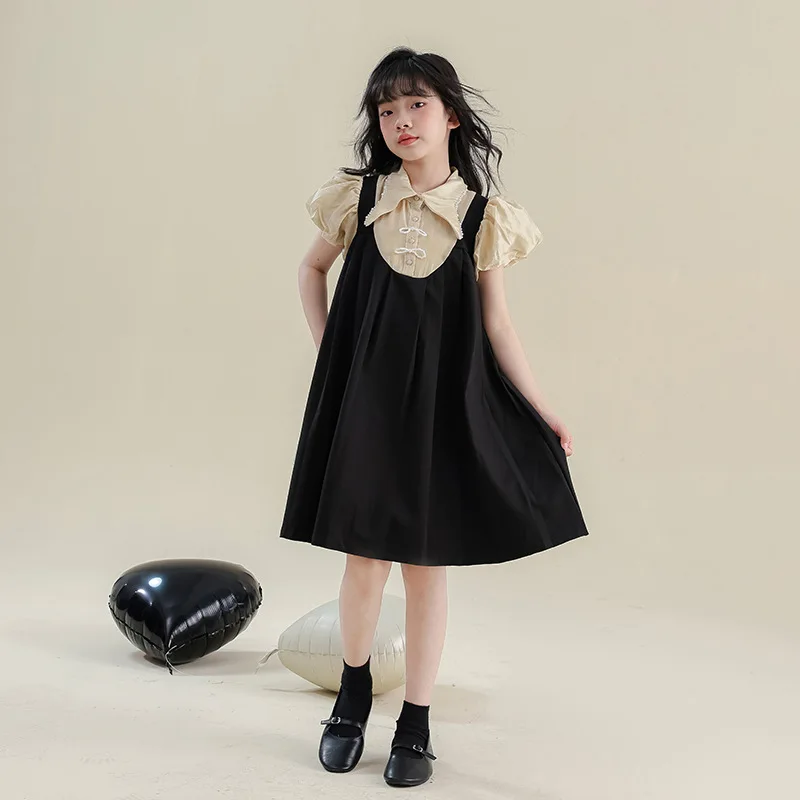 

ZOETOP 2024 Korean Summer Junior Girl Dress Children Girl Bubble Sleeve One-piece Dress School Girl Pearl Button Elegant Dress