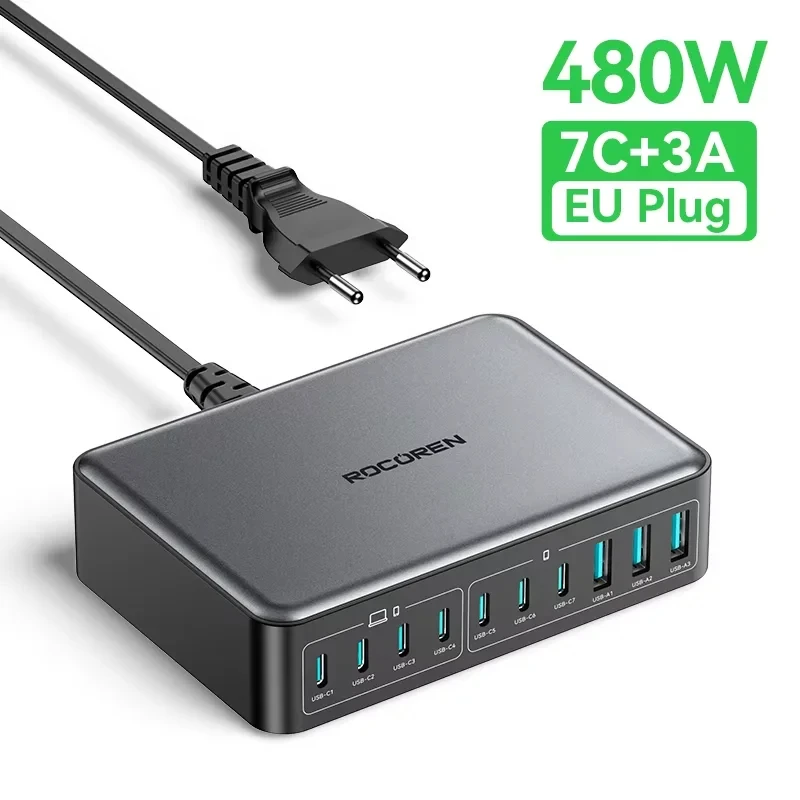 شاحن Rocoren USB C بقوة 480 واط، محطة شحن متعددة ا...