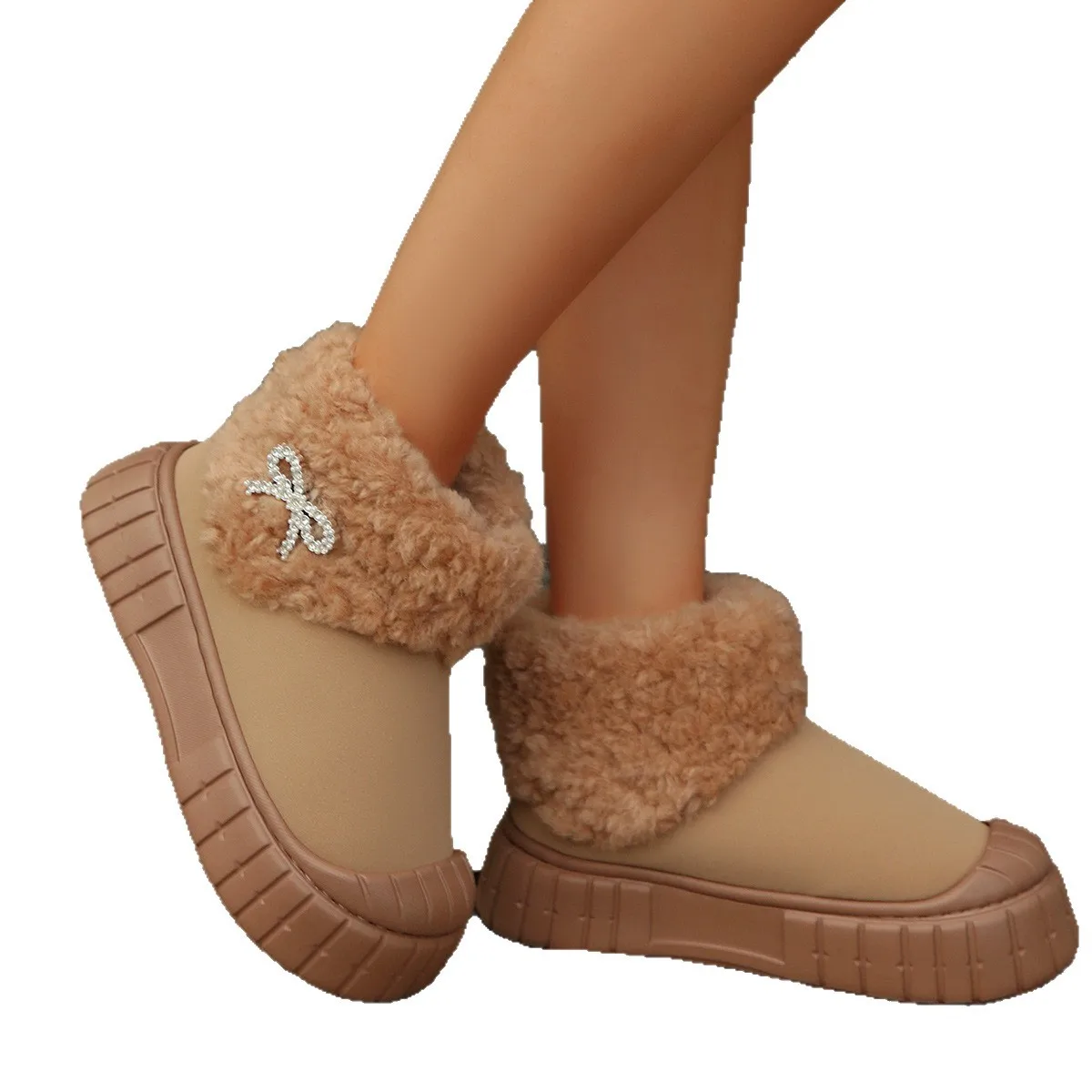 Rhinestone Bow Snow Boots Winter New Round Toe Suede Plush Platform Anti-Slip Wear-Resistant Women Booties