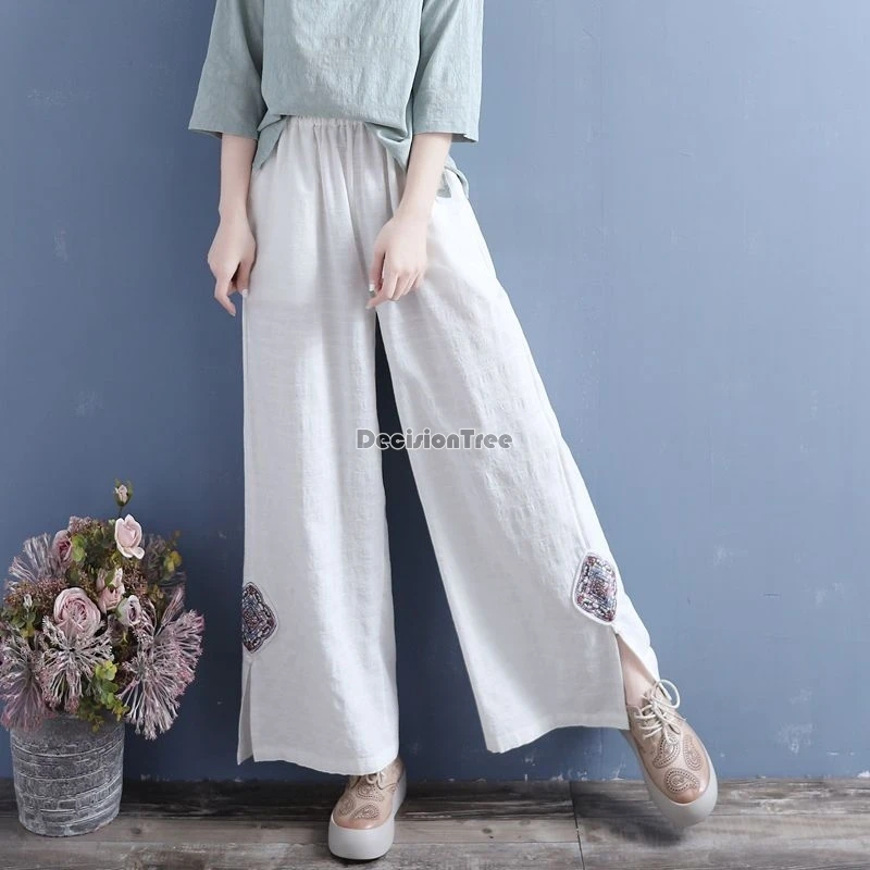 Retro Chinese Style Pants National Solid Color Jacquard Daily Trousers Elastic Waist Wide Leg Cotton Pants