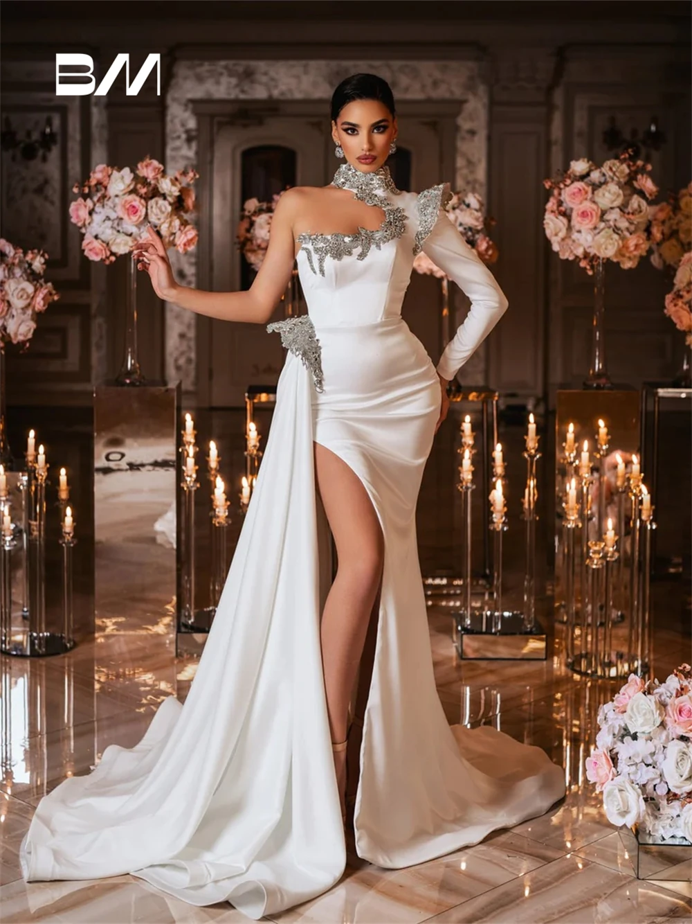 

High Neck One Shoulder Satin Wedding Dress Silver Beading Bride Dresses Plus Size Custom Made Luxury Women Bridal Gown
