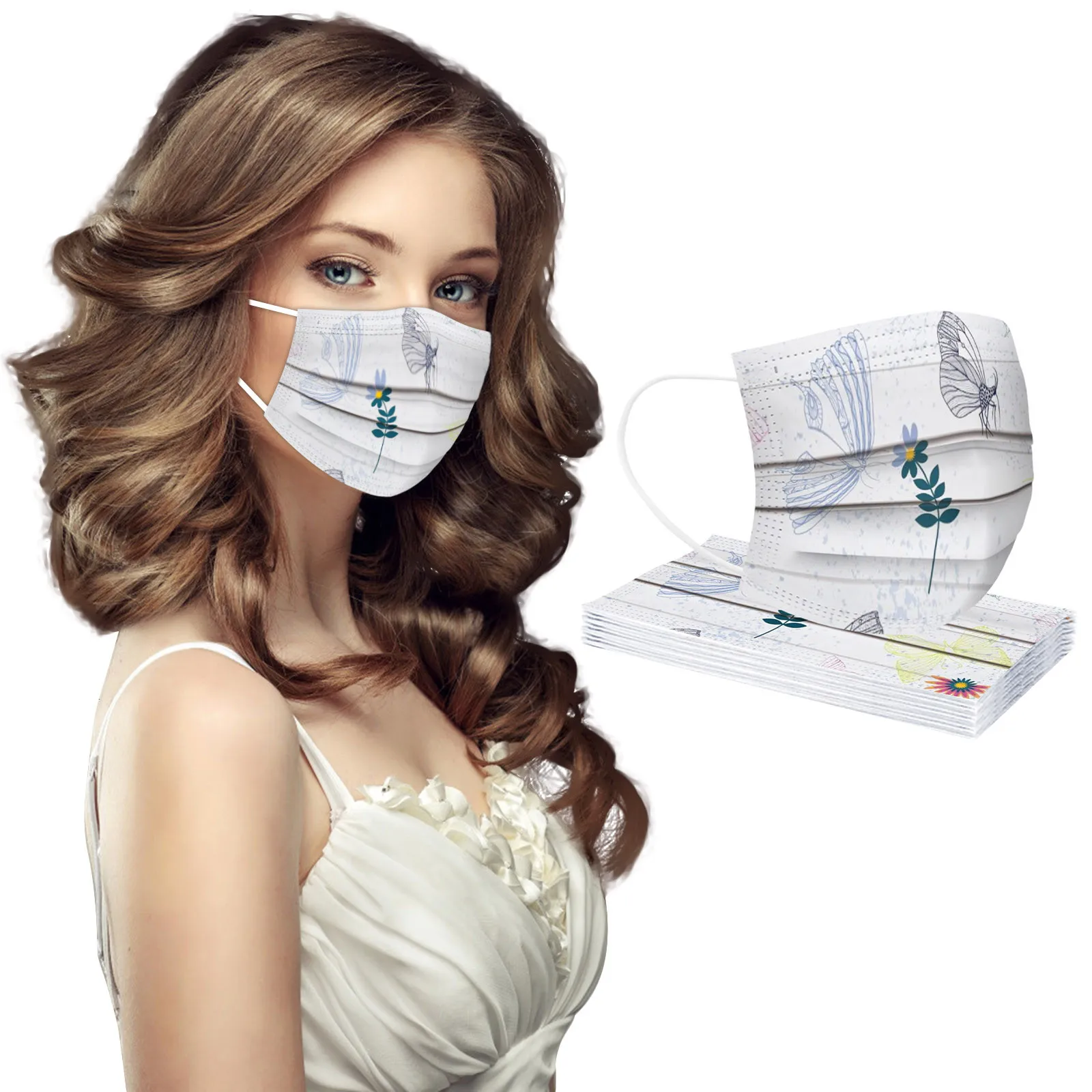 Adult Disposable Fashion Flower Floral Print Mask 50/100pcs Summer Three-layer Dustproof Hanging Ear Non-woven Mask