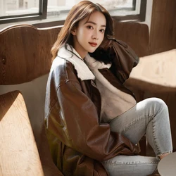 Vintage PU Leather Short Jacket Women Autumn Winter New Zipper Pocket Loose Thick Warm Overcoat Fashion Moto Outerwear