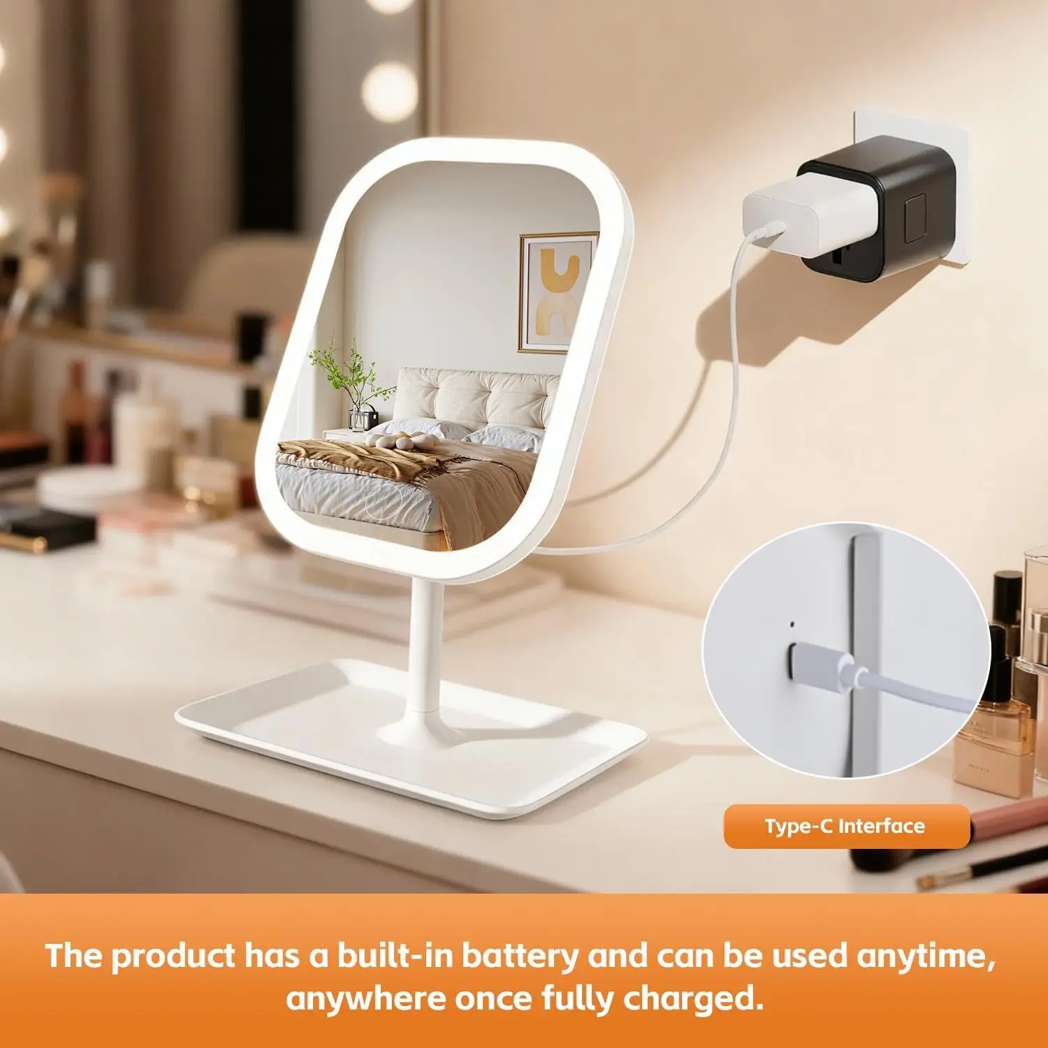 조명이 있는 화장대 거울, 3가지 색상 조명 휴대용 컴팩트 여행용 화장 거울 선물용 충전식 회전 조절 가능