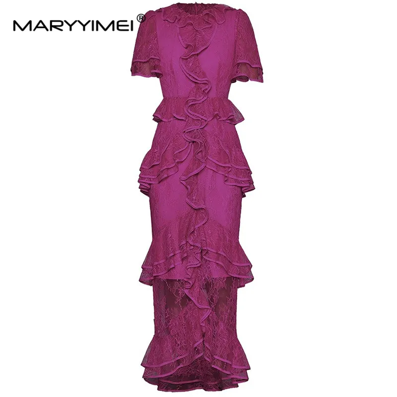 

MARYYIMEI Fashion Women's New Round Neck Short-Sleeved Lace Flounced Edge High-Waisted Slim-Fit Elegant Hip Wrap Fishtail Dress