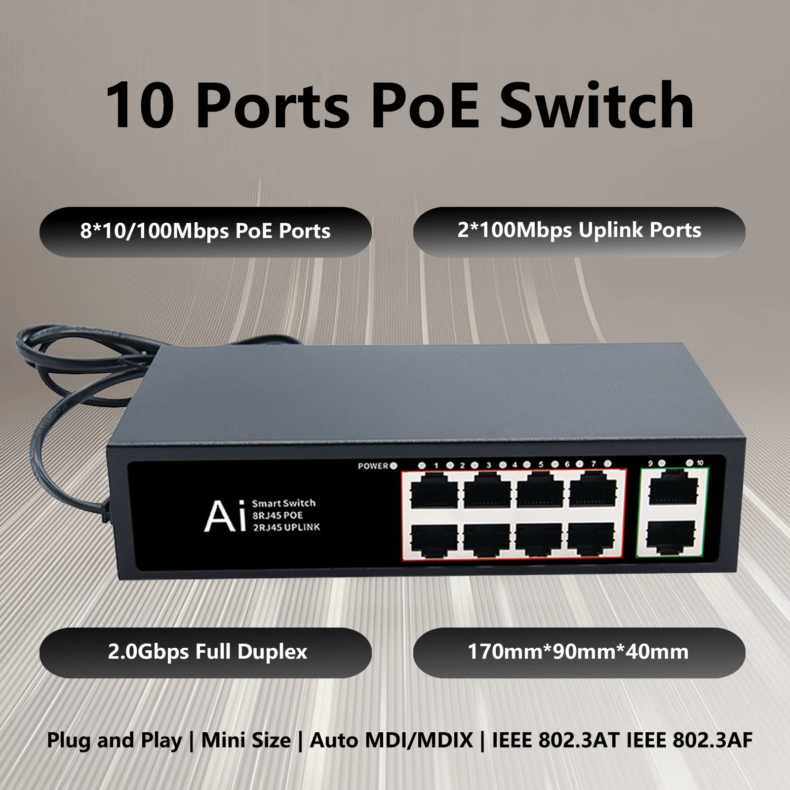 TEROW 스마트 스위치 이더넷 네트워크 스위치, IP 카메라, 와이파이 라우터용, 10 포트, 표준 PoE 스위치, 8 포트, 2 업 링크, 100Mbps