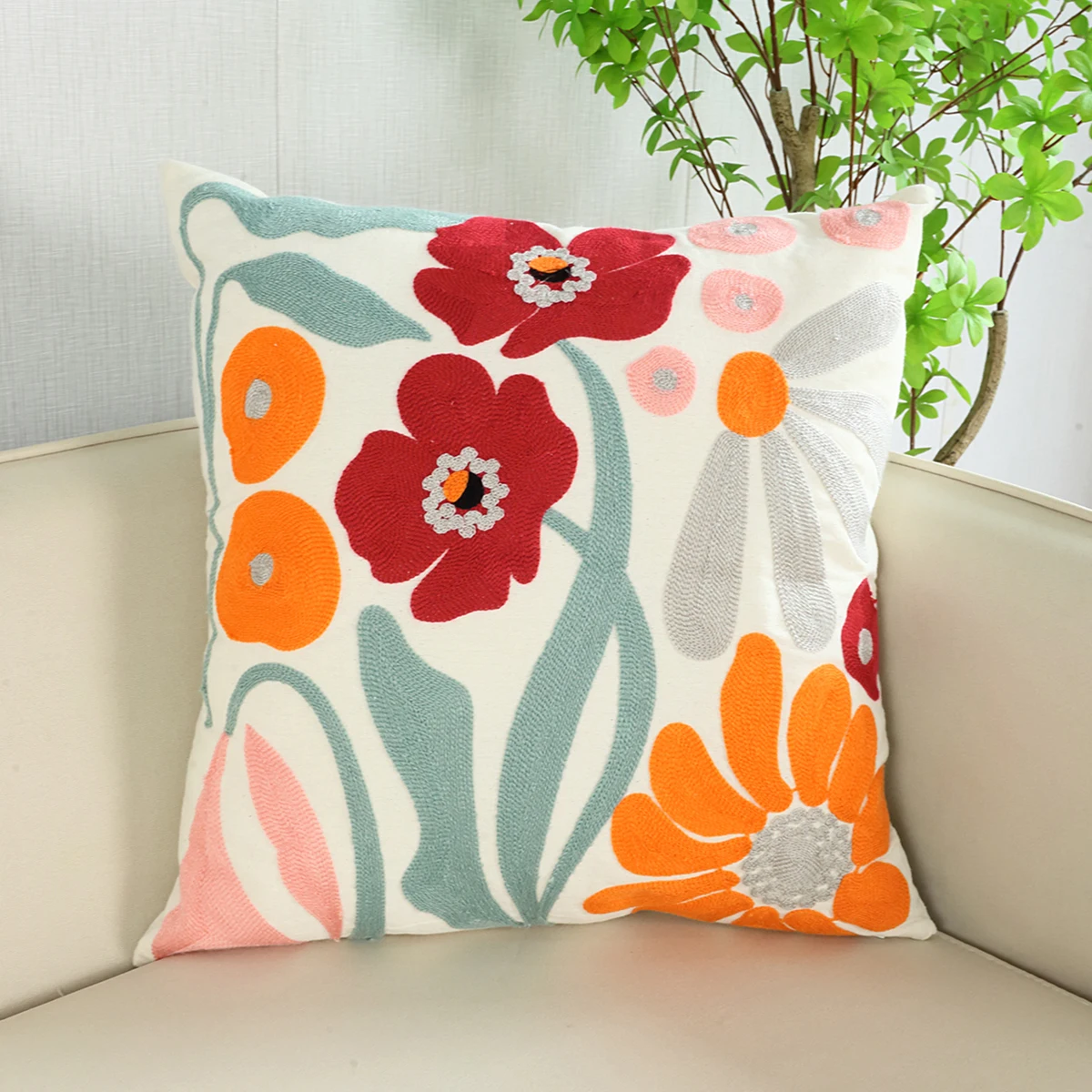 thumbnail image 1 of 1 funda de almohada con bordado de flores sin relleno, funda de almohada decorativa de lona moderna para sala de estar, decoración del hogar, 1 of 4