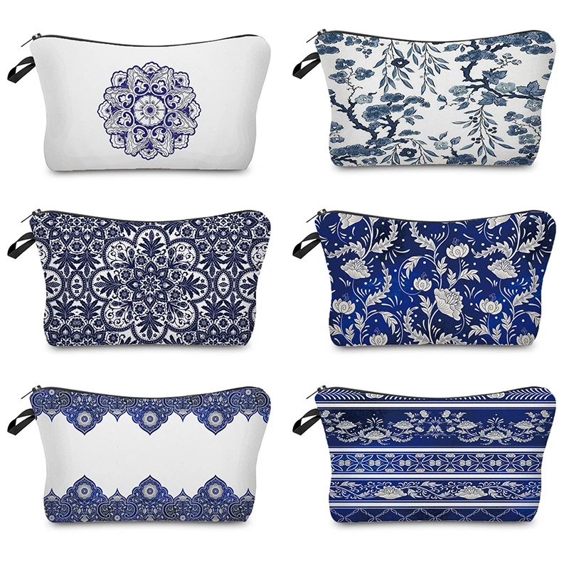 

Lady Girls Floral Porcelain Geometric Abstract Pattern Cosmetics Bag Mini Makeup Bag Pretty Coin Purse Elegant Retro Accessories