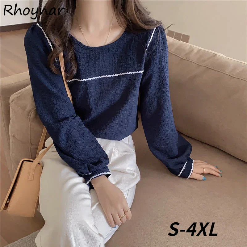 

Blouse Women Youth Ins Baggy O-Neck Leisure Puff Sleeve All-match Patchwork Trendy Design Female Clothes Streetwear Ulzzang Soft