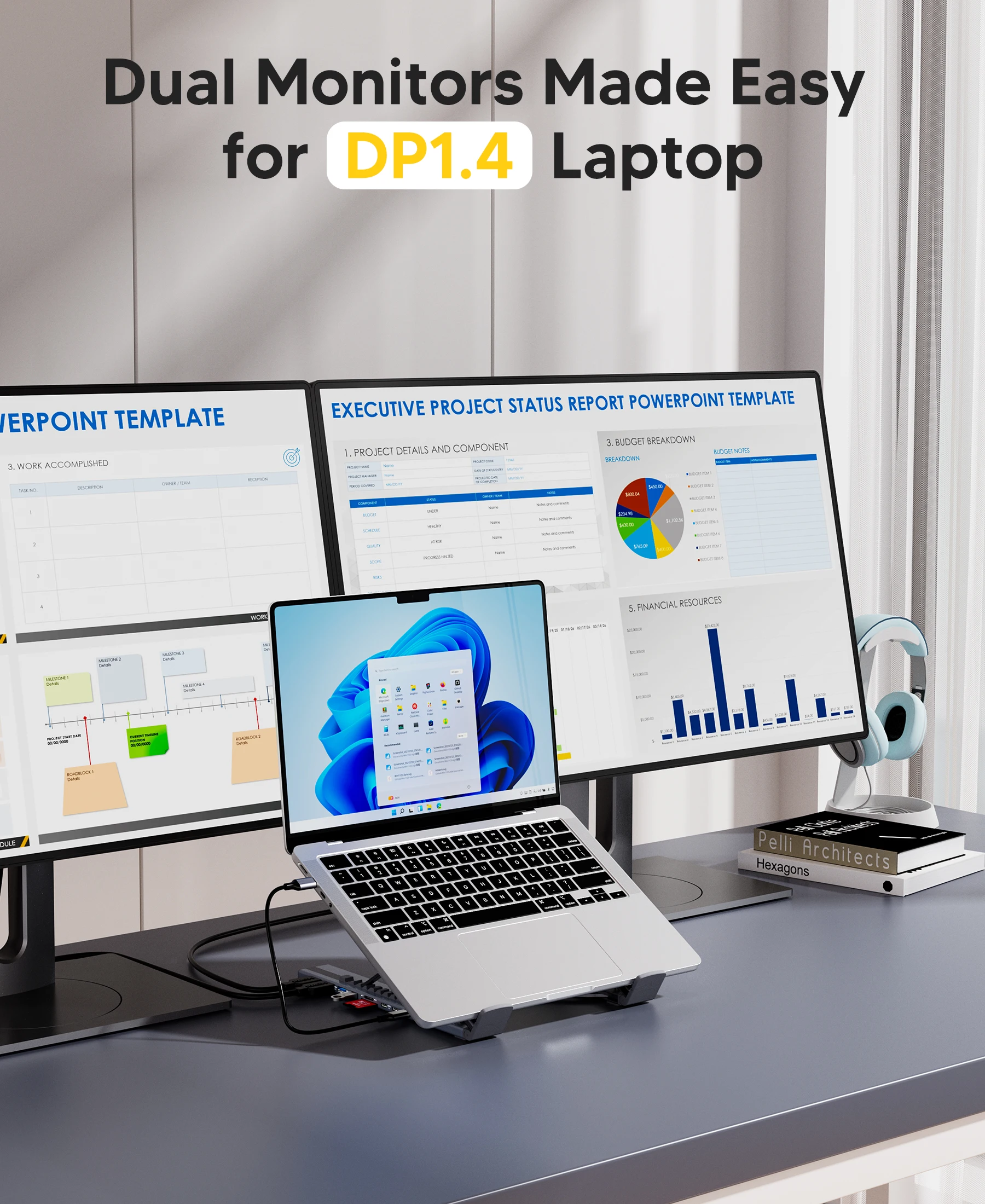 9-in-1 USB C 노트북 도킹 스테이션 듀얼 모니터 4K@60Hz HDMI PD100W 알루미늄 범용 USB 3.0 도크 태블릿 스탠드 (맥북용)