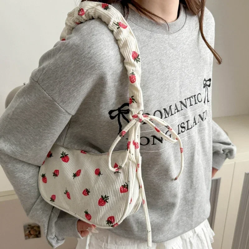 New Large Capacity Corduroy Tote Bag Cute Strawberry Print Shoulder Bag Sweet Trendy Zipper Underarm Bag Women Small Cloth Purse