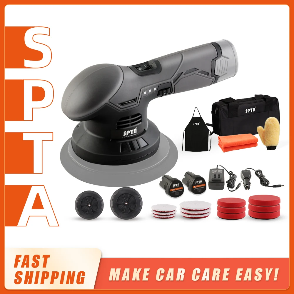 SPTA 12V Cordless Buffer Polierer 8mm Obrit DA Polierer Waxing mit 2 stücke 2,0 Ah Batterie Variabler Geschwindigkeit polierer Kit Für Wachsen