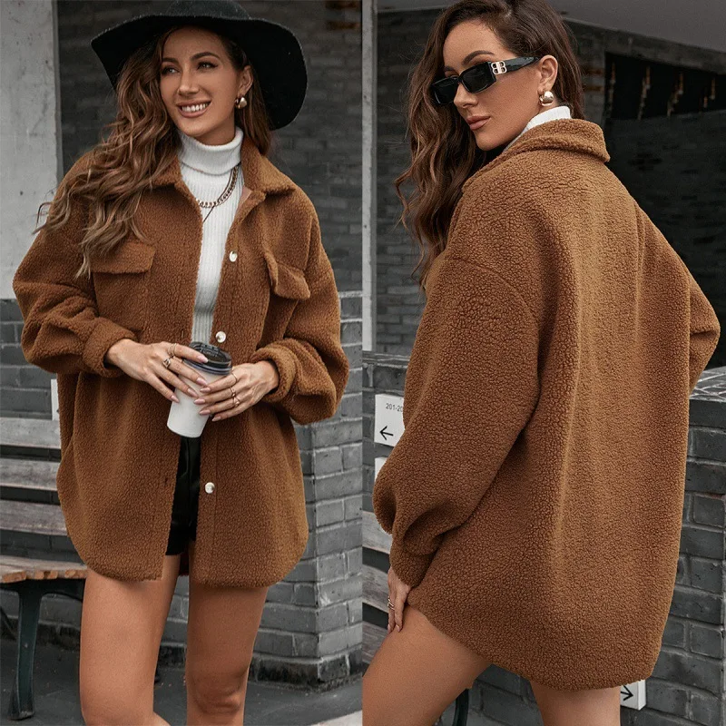 Women Long Sleeve Woolen Coat Casual Medium Single Breasted Plush Windbreaker Thermal Top Jackets